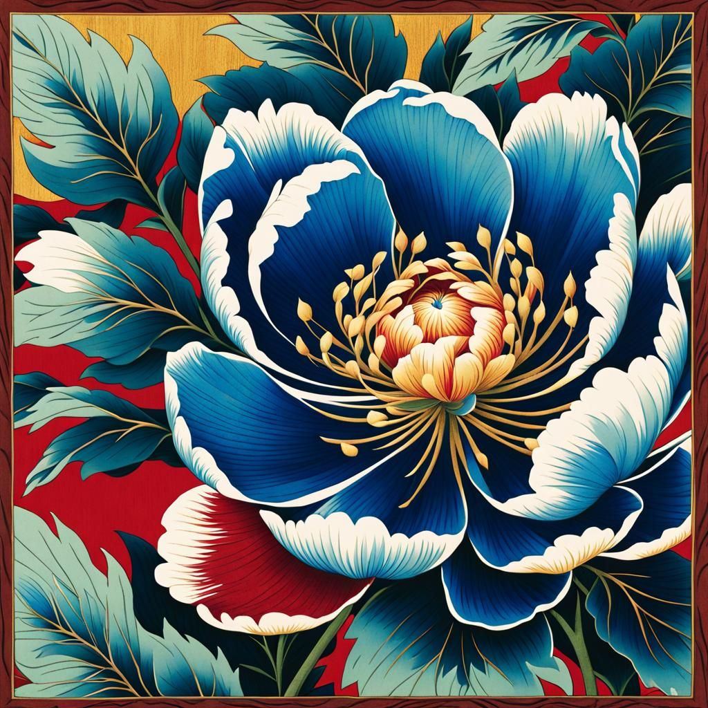Japanese Woodblock Print of a Blue Peony