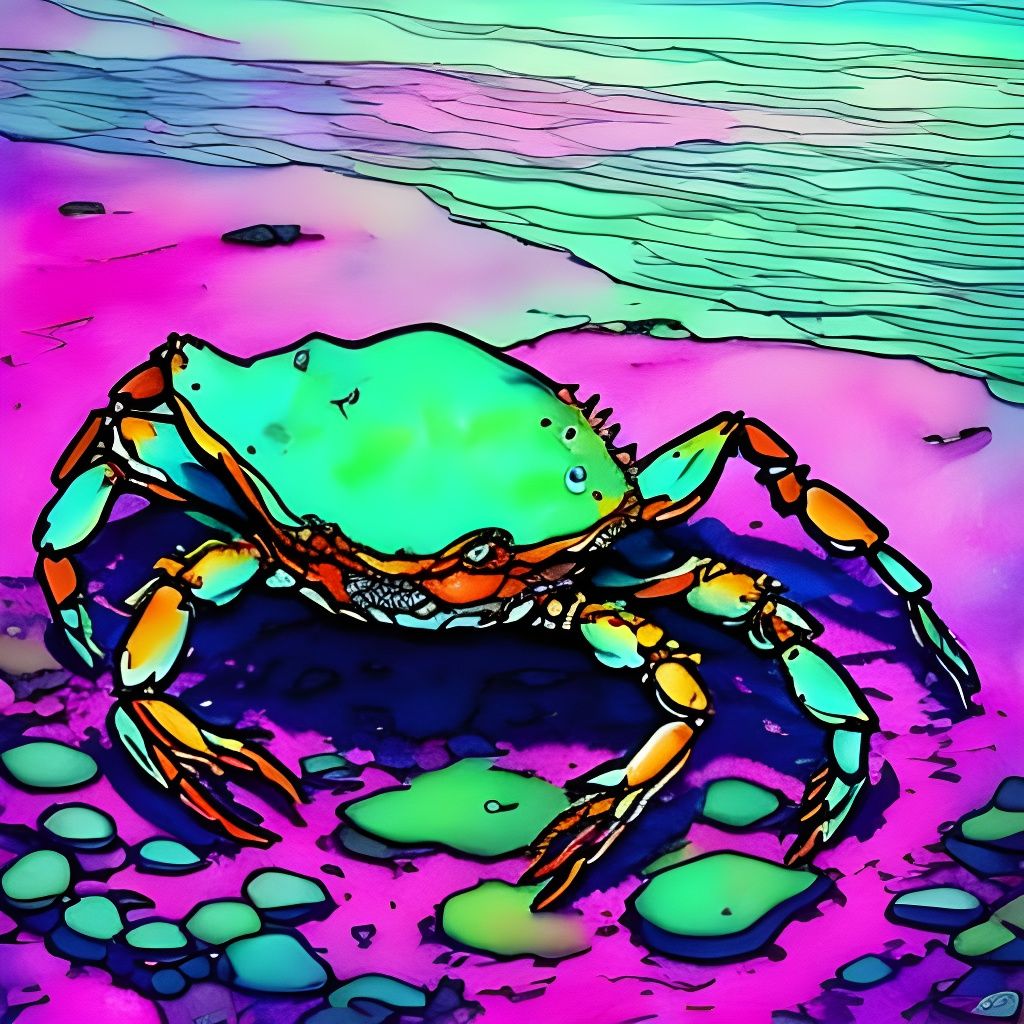 Vibrant Bioluminescent Crab in Neon Watercolor