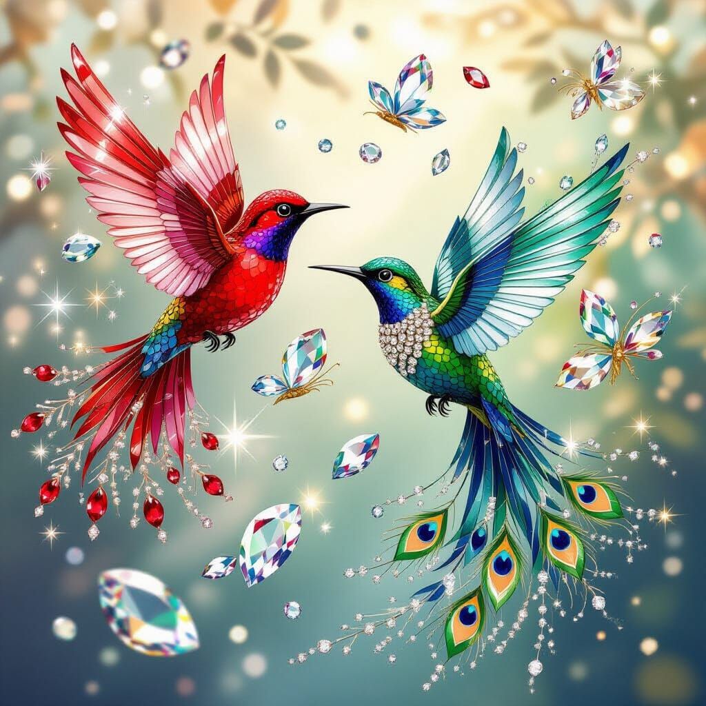 Gemstone Birds in Flight: Ornate Digital Art