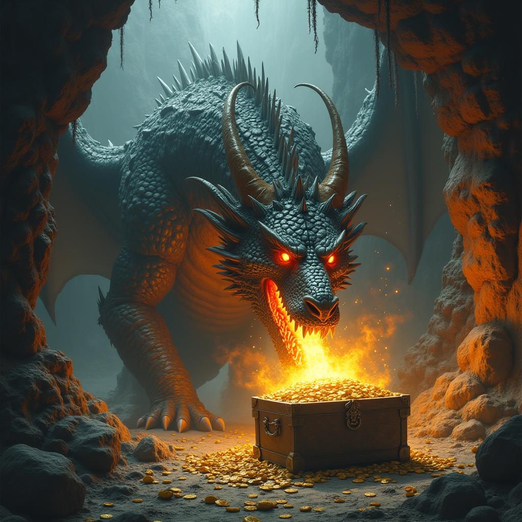 Metallic Dragon Unleashes Firestorm in Misty Cavern