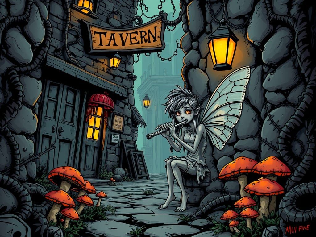 Ragged Fairy Plays Flute at Dilapidated Tavern in Dark Fanta...