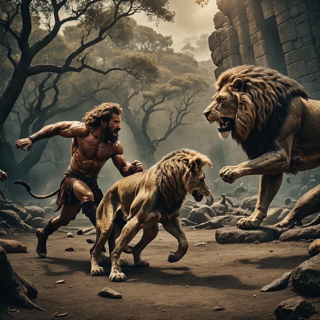 Hercules Confronts the Nemean Lion: Epic Film Still
