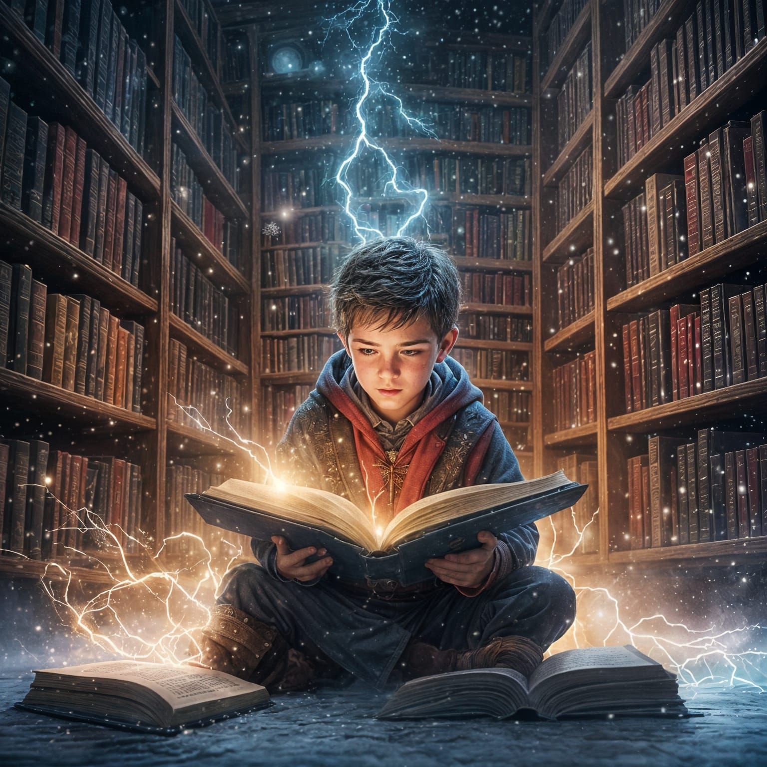 Ethereal Young Wizard in Mystical Library