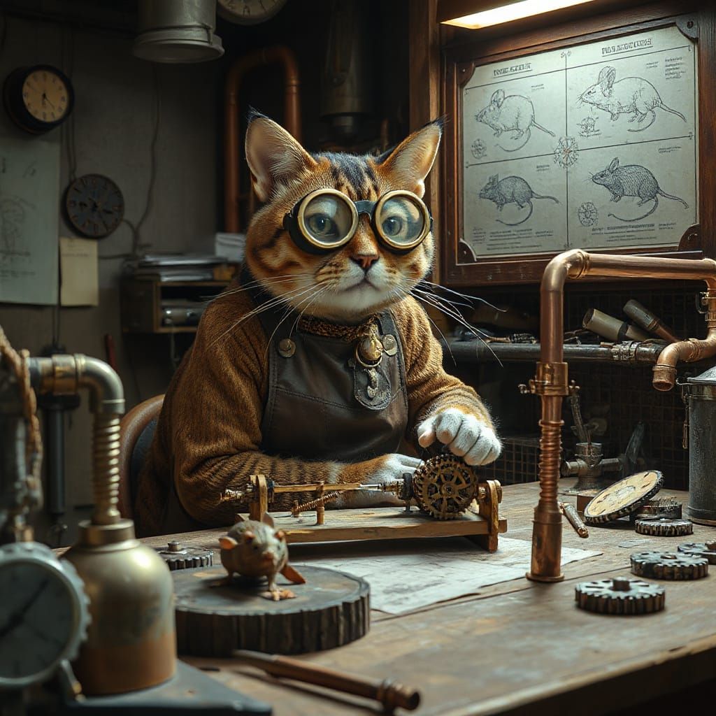 Steampunk Inventor Cat Crafts Ingenious Mechanical Mouse Tra...