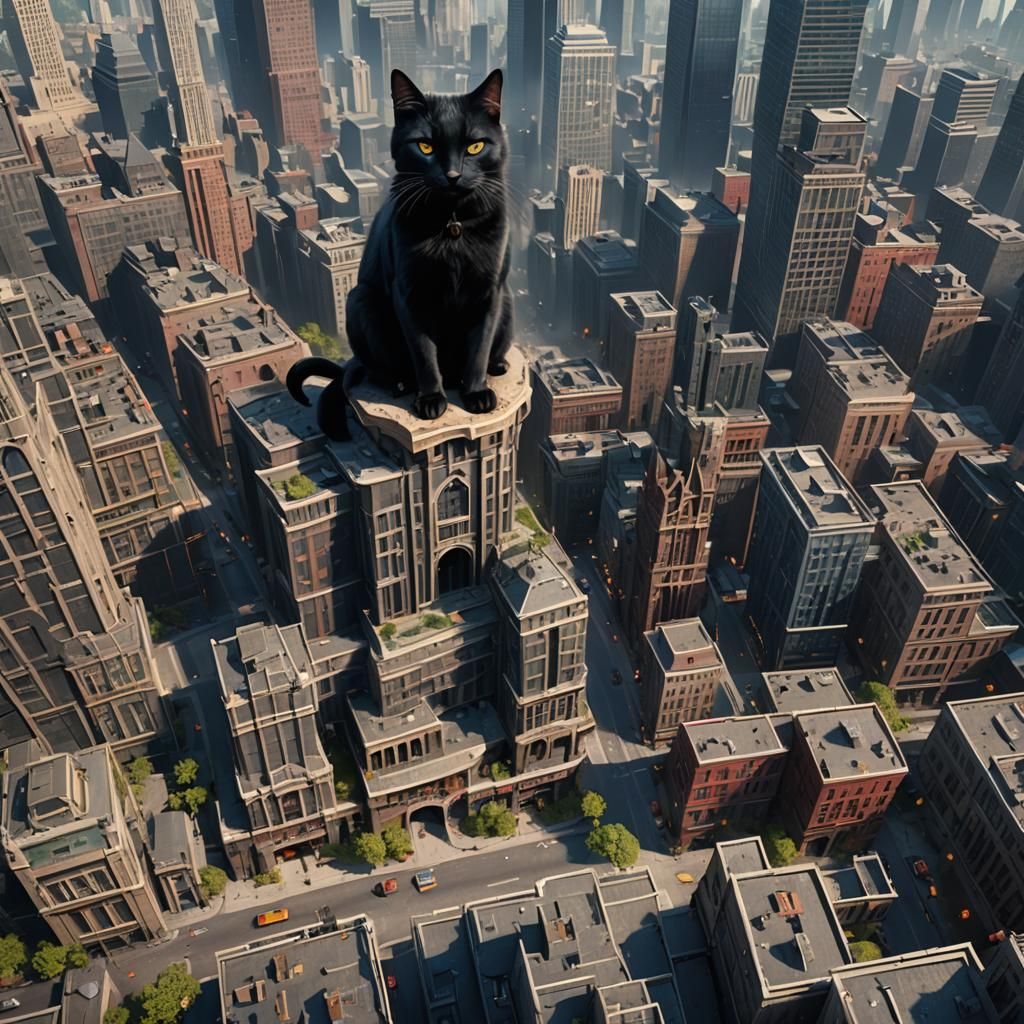 Giant Black Cat Dominates Cityscape: Detailed Matte Painting