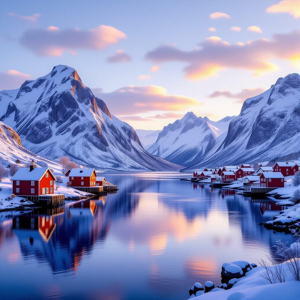 Tranquil Nordic Fjord Scene with Snowy Mountains and Cottage...