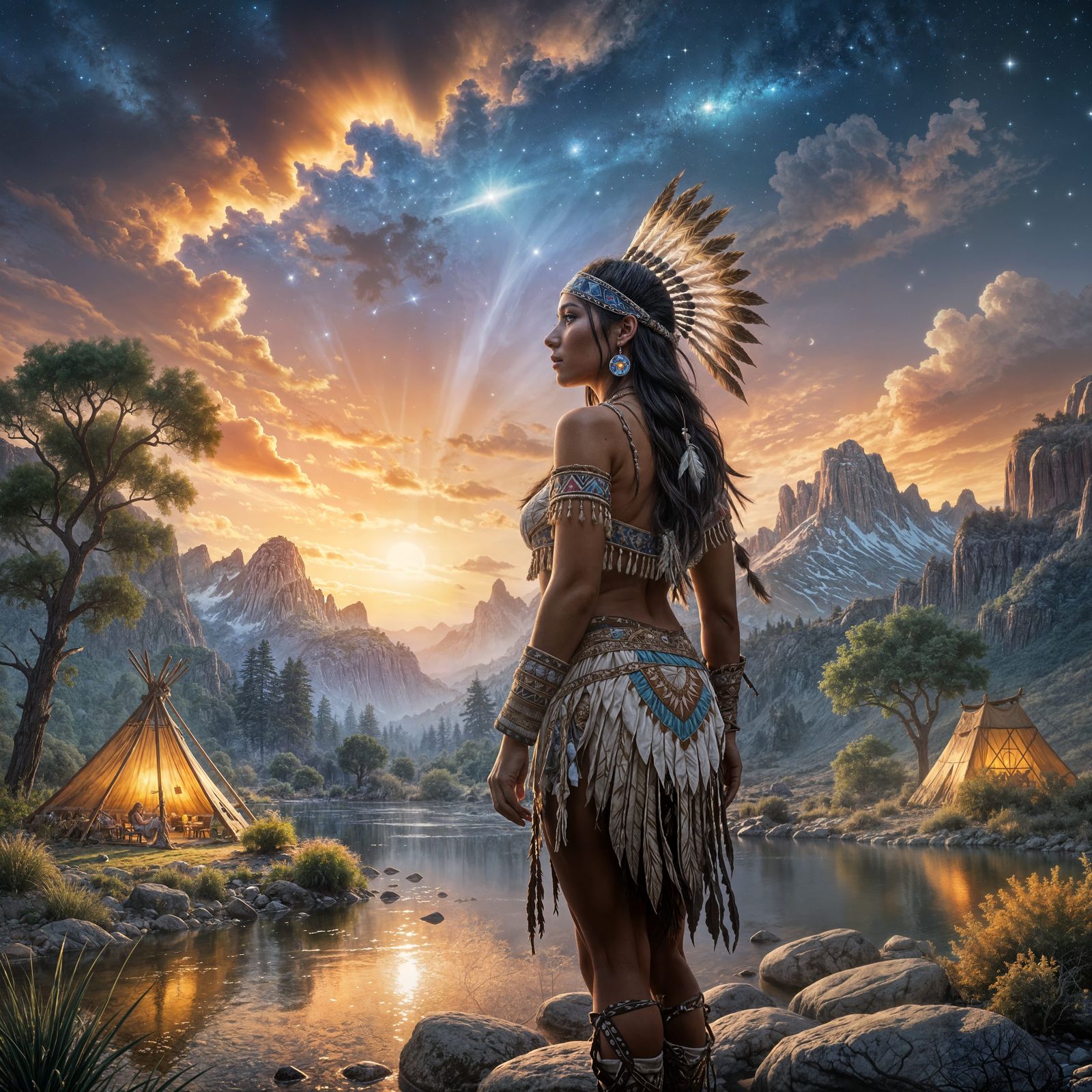 Native American Woman Painting Stars in Dusk Sky