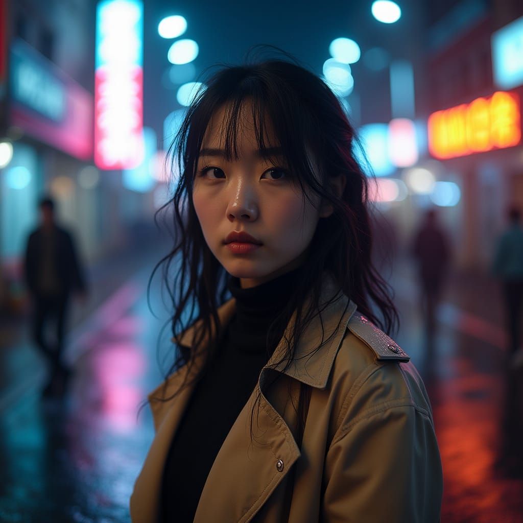 Neon Night Portrait of Woman in Rainy City