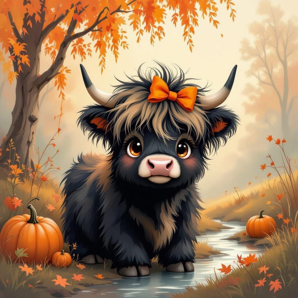 Cute Fluffy Highland Cow in Ethereal Mist - Folk Art Oil Pai...