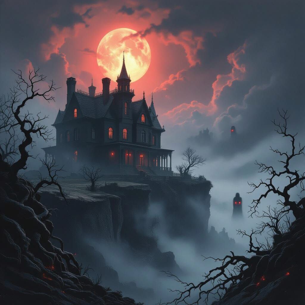 Haunting Victorian Mansion on a Cliff in Dramatic Lighting
