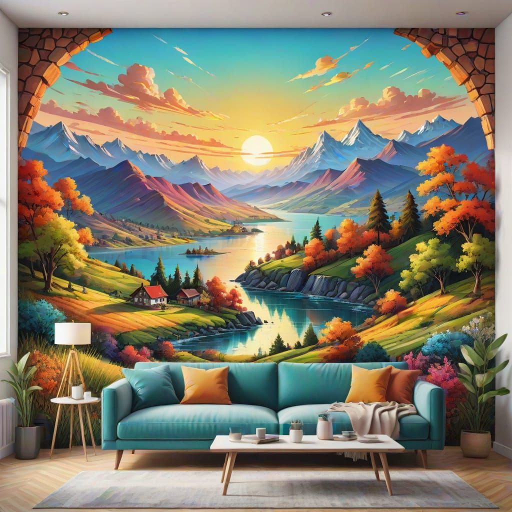 Vibrant Landscape Mural in Digital Art Style