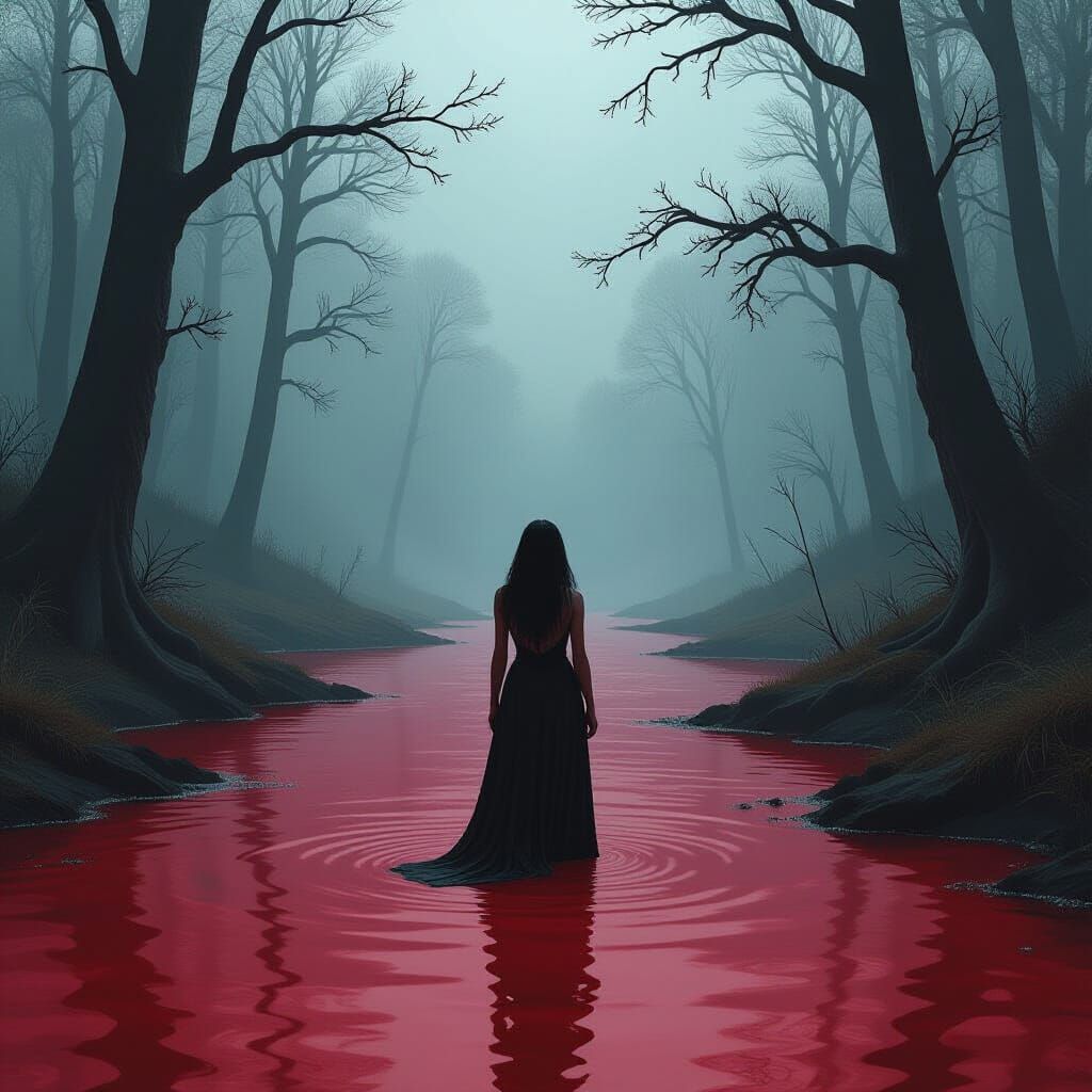 Woman at Blood River Edge in Mystical Forest