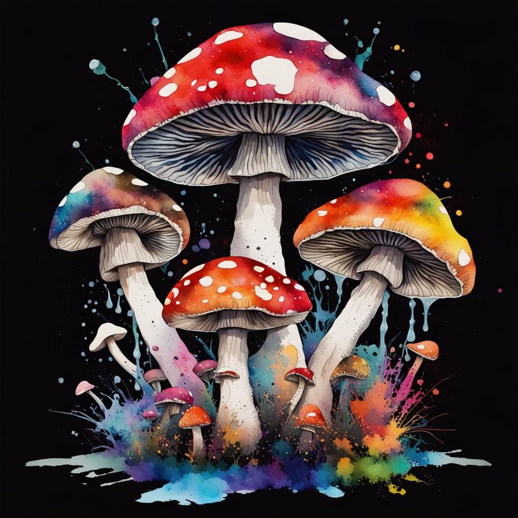 Psychedelic Mushroom in Watercolor Ink Splash Style