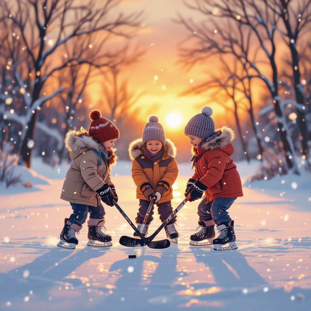Children Play Hockey on Snowy Winter Pond