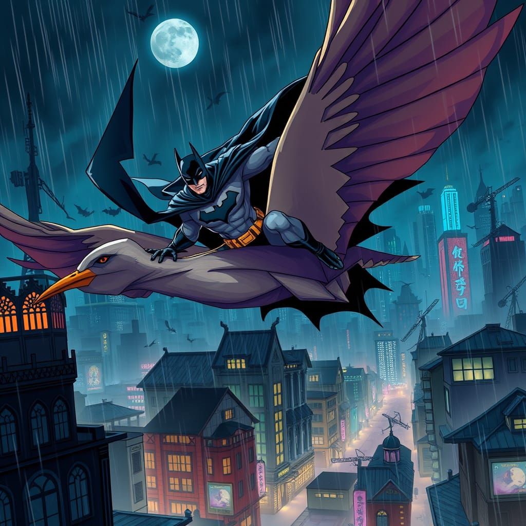 Batman as a wuxia warrior, soaring through the night sky on a giant, origami crane, with a determined look on his face. ...