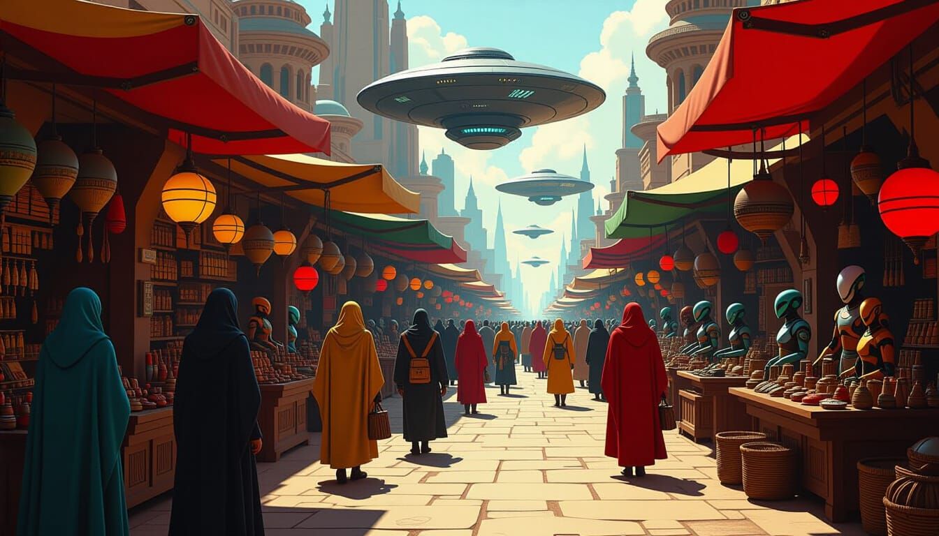 Bustling Alien Market in Futuristic Sci-Fi Style