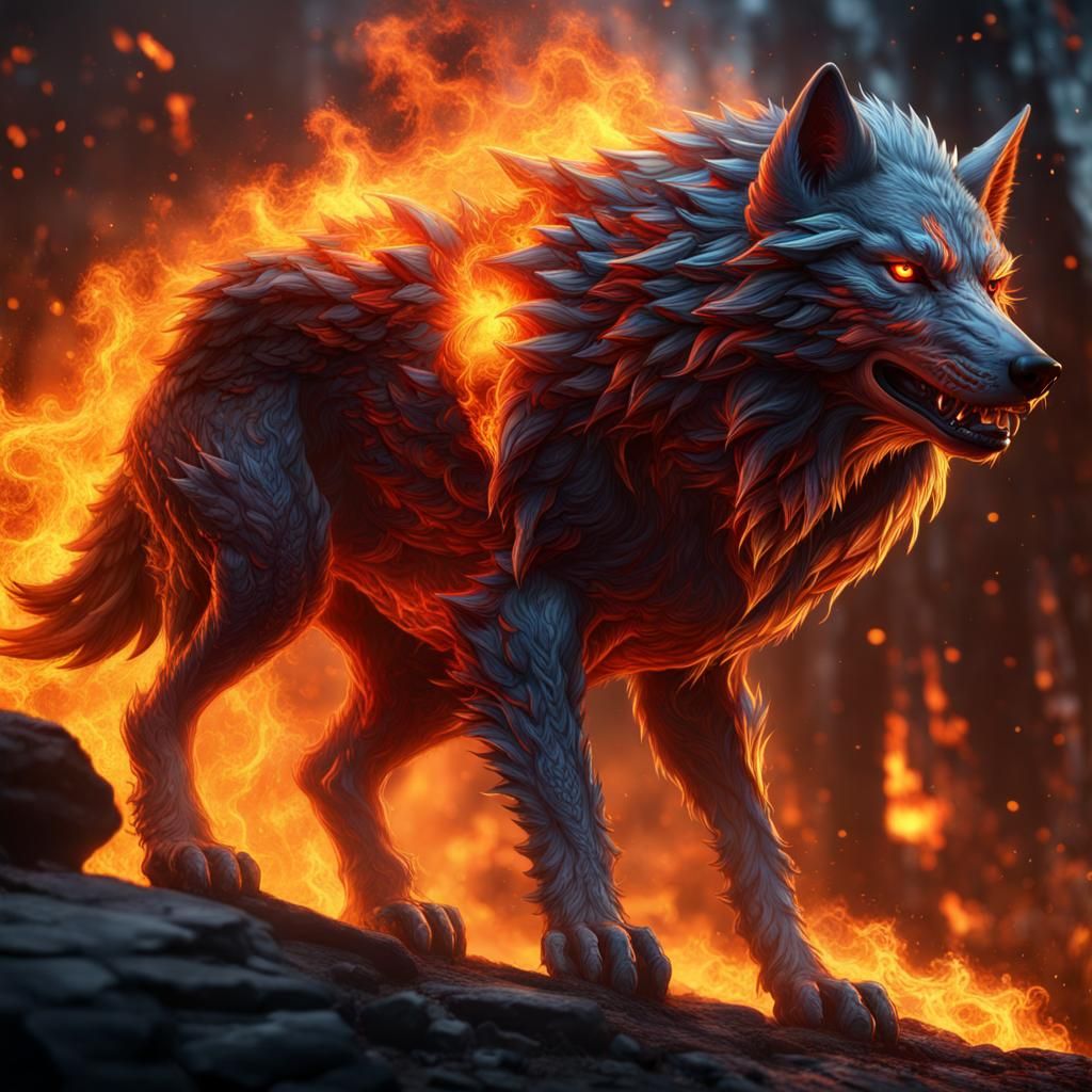 Fiery Wolf Fantasy Concept Art in 8K