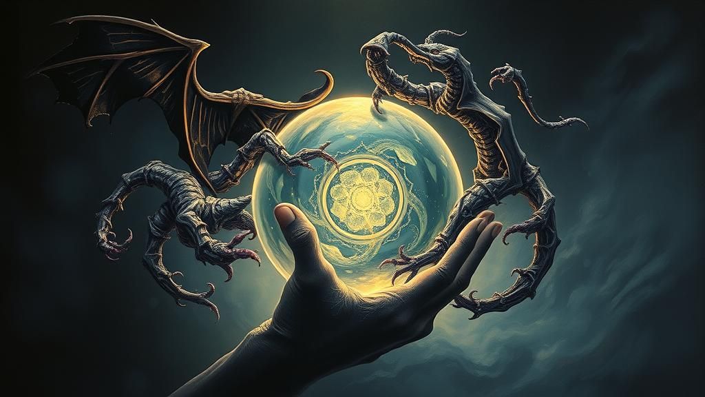 Ethereal Crystal Ball with Eldritch Motifs in Surrealism