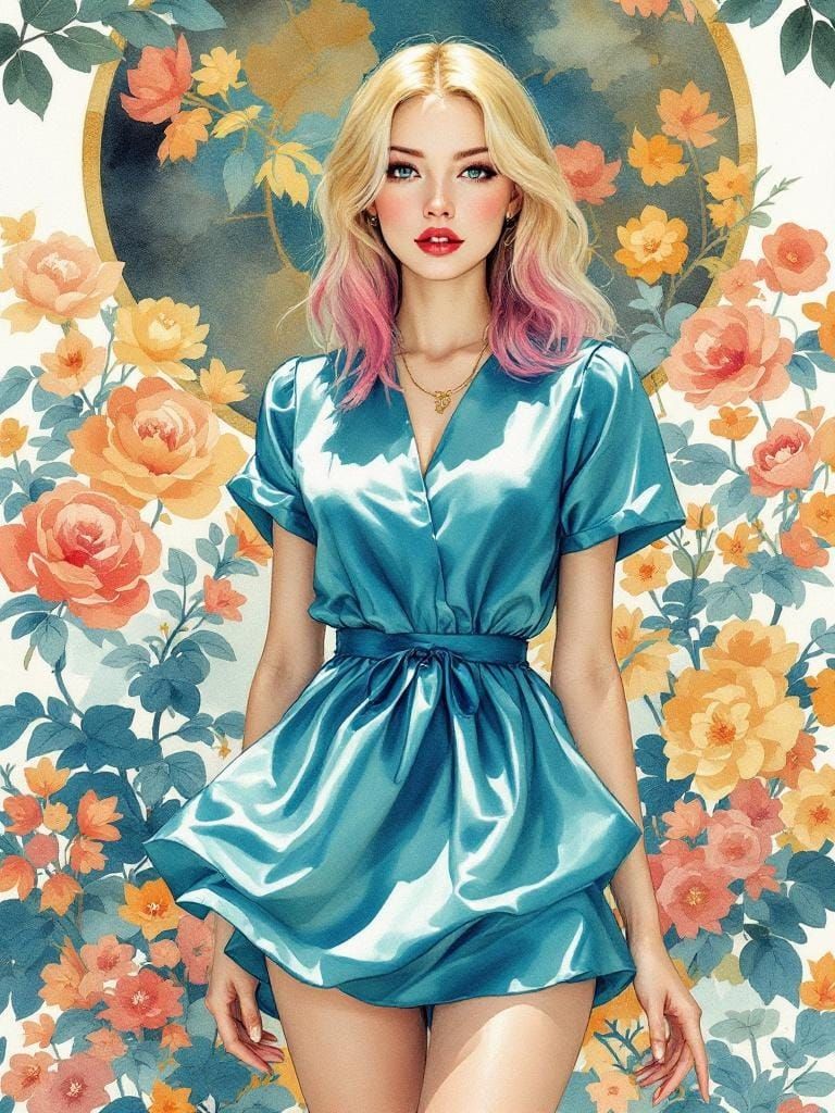 Pin-Up Woman in Cyan Dress with Rose-Tipped Hair