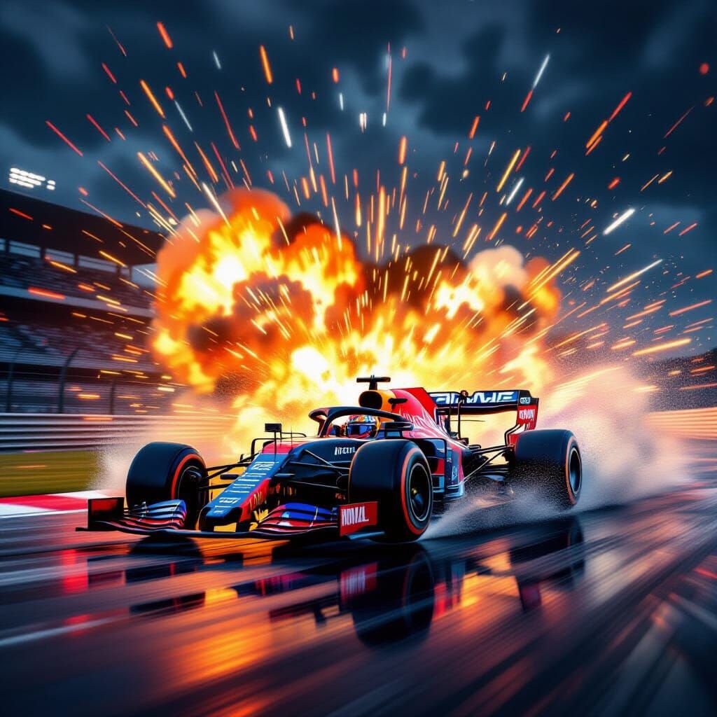 Red F1 Car Speeds on Wet Track in Cyberpunk Style