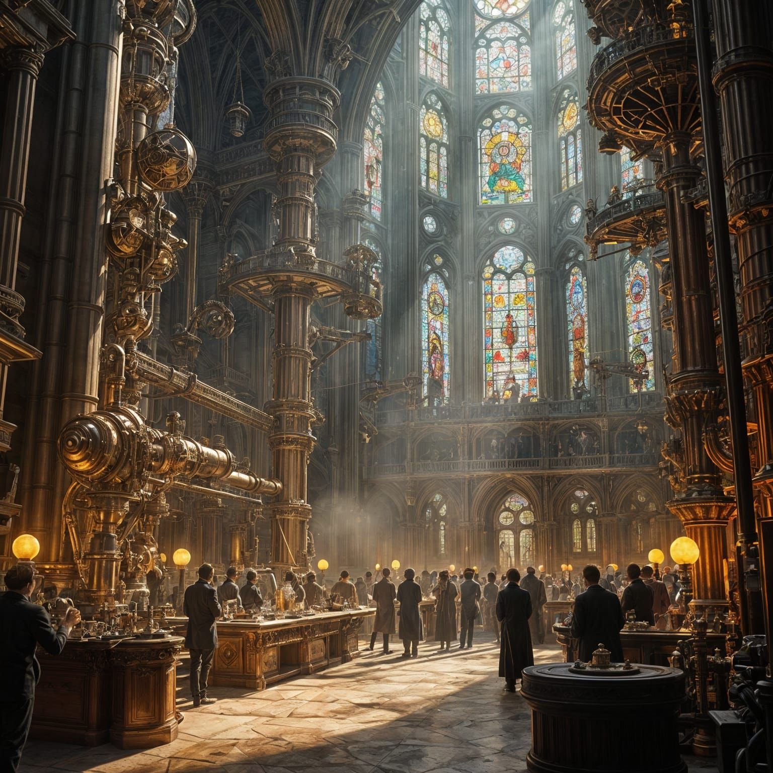 Steampunk Cathedral Interior with Brass and Stained Glass