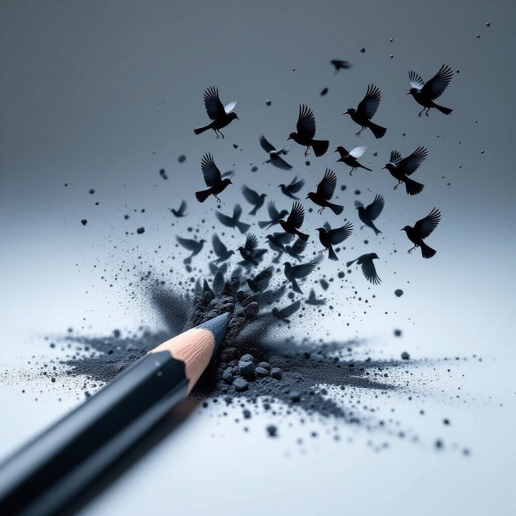 Pencil Tip Explodes into Crows, Photorealistic Style