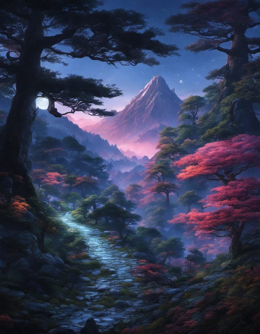 Detailed Japanese Mountain Forest Landscape at Night