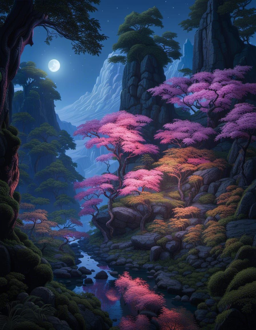 Night Landscape: Japanese Mountain Forest in Digital Art