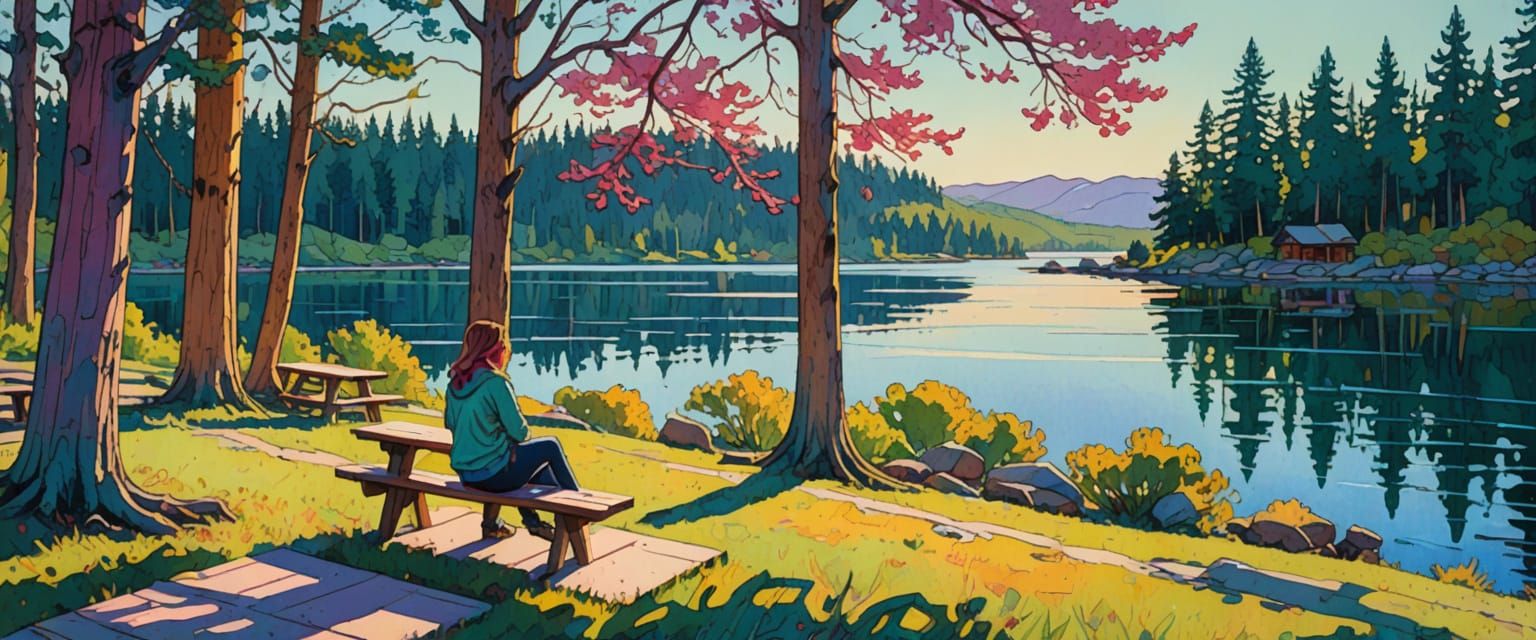 Girl by Lake in Comic Book Style