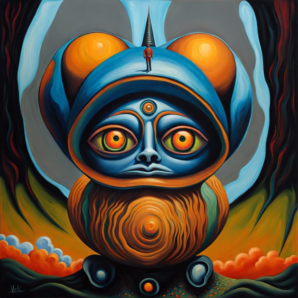 Surreal Humanoid Figure on Hill: Impasto Painting