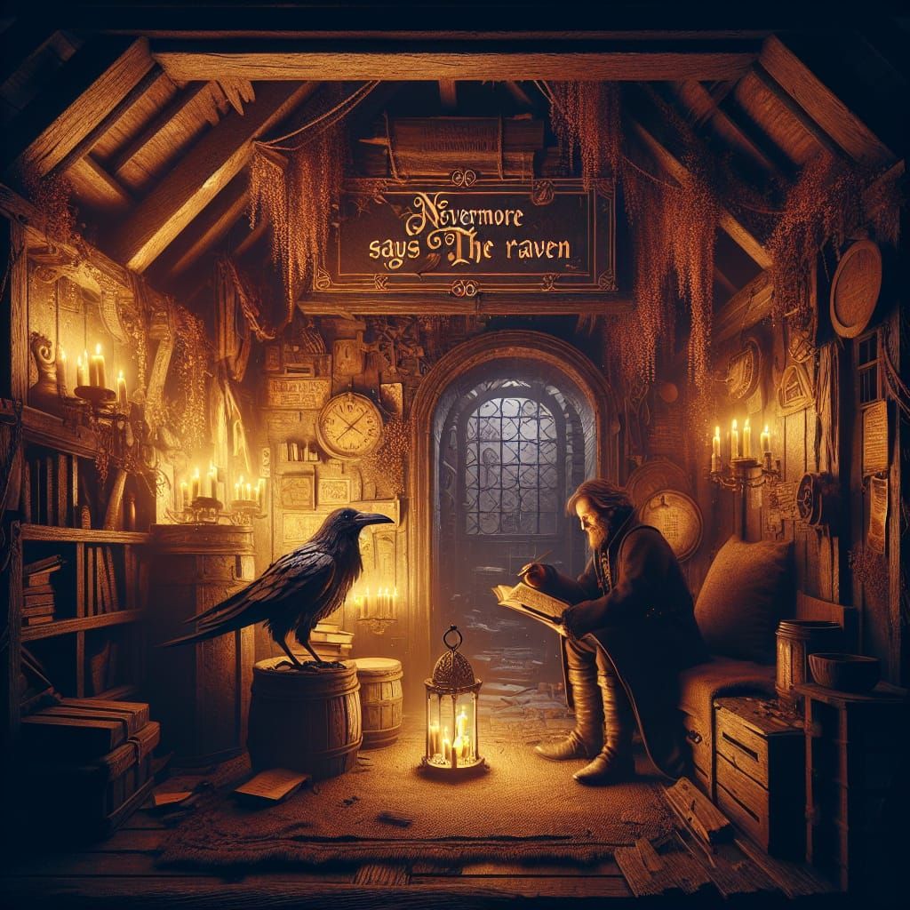 Raven and Man in Candlelight, Matte Painting