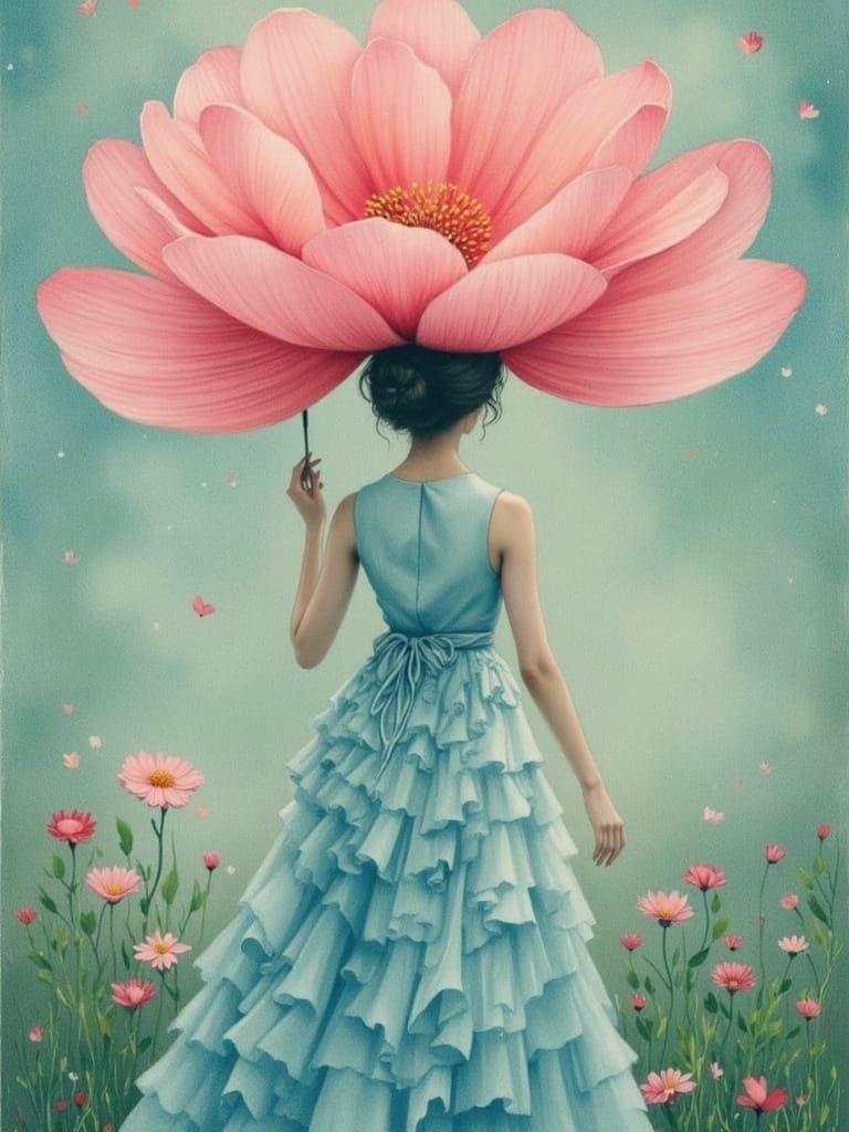 Surreal Dreamlike Scene with Giant Pink Flower