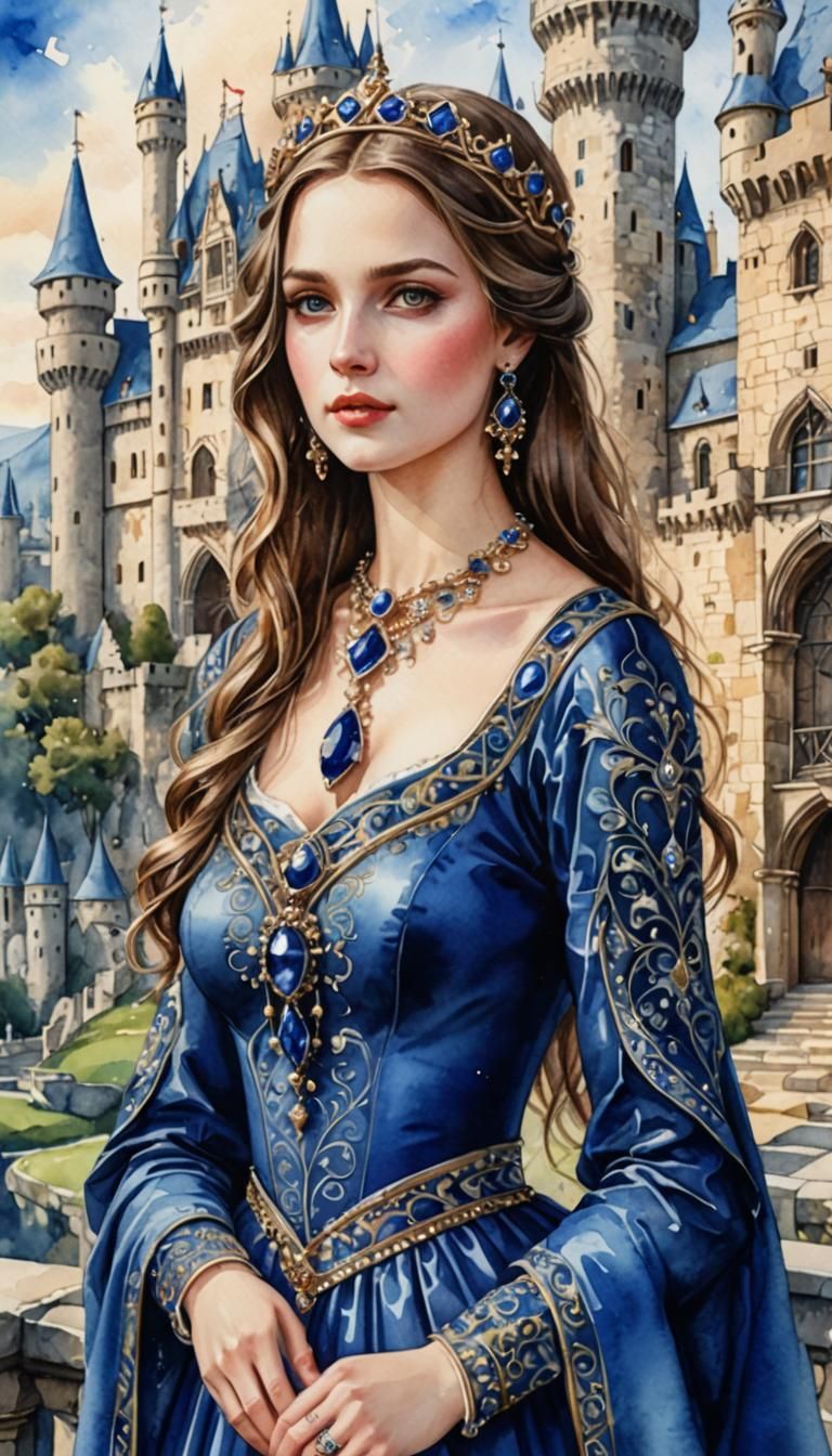 Medieval Lady in Royal Blue Dress: Watercolor Painting