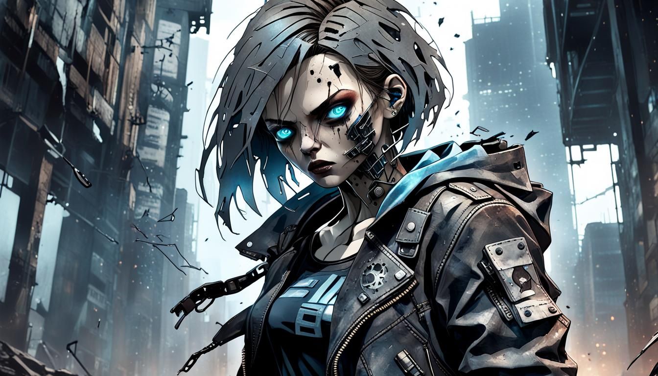 Creepy Female Robot in Dystopian Cityscape