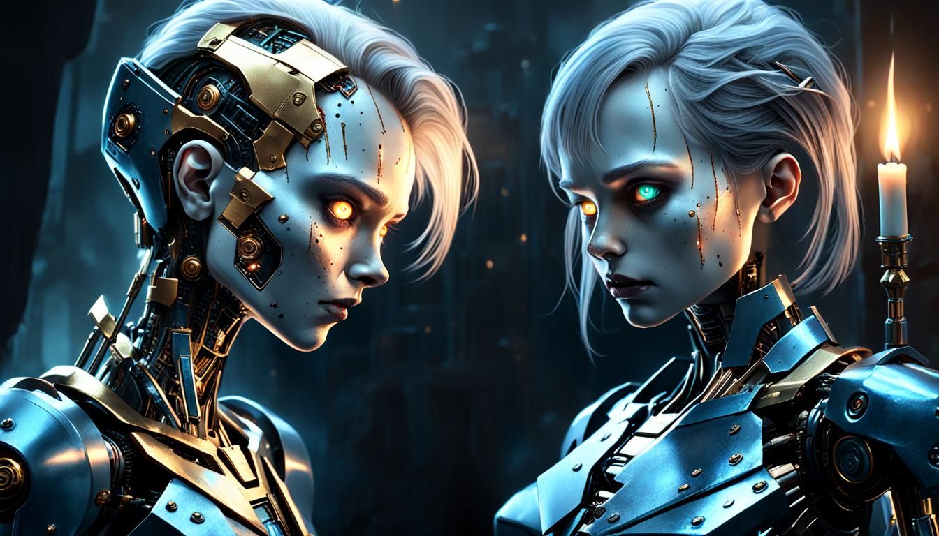 Evil Killer Robot and Creepy Woman in Dark Sci-Fi