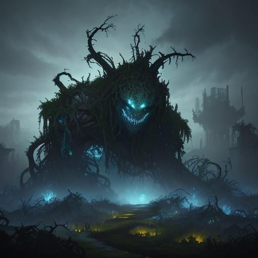Colossal Twisted Vine Entity in Dark Fantasy Style