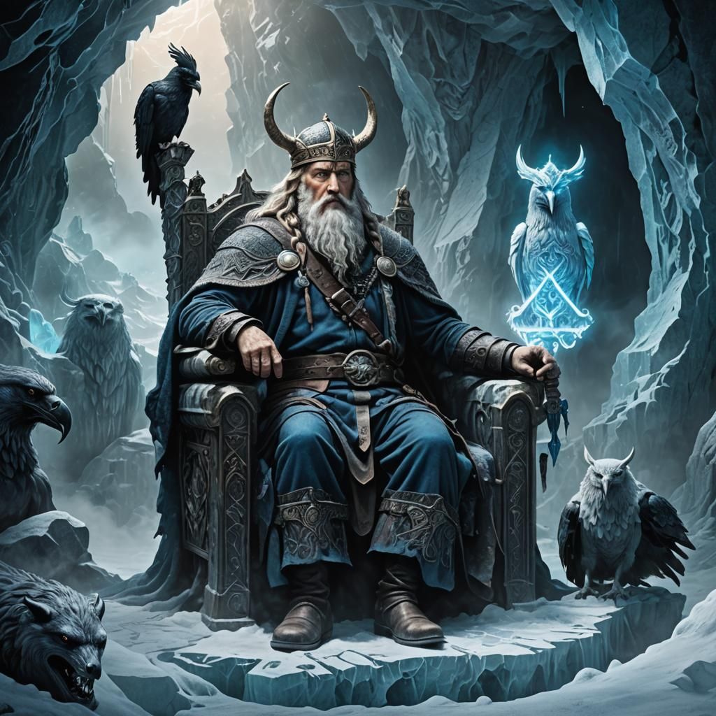 Odin on Throne in Mystical Icy Cave