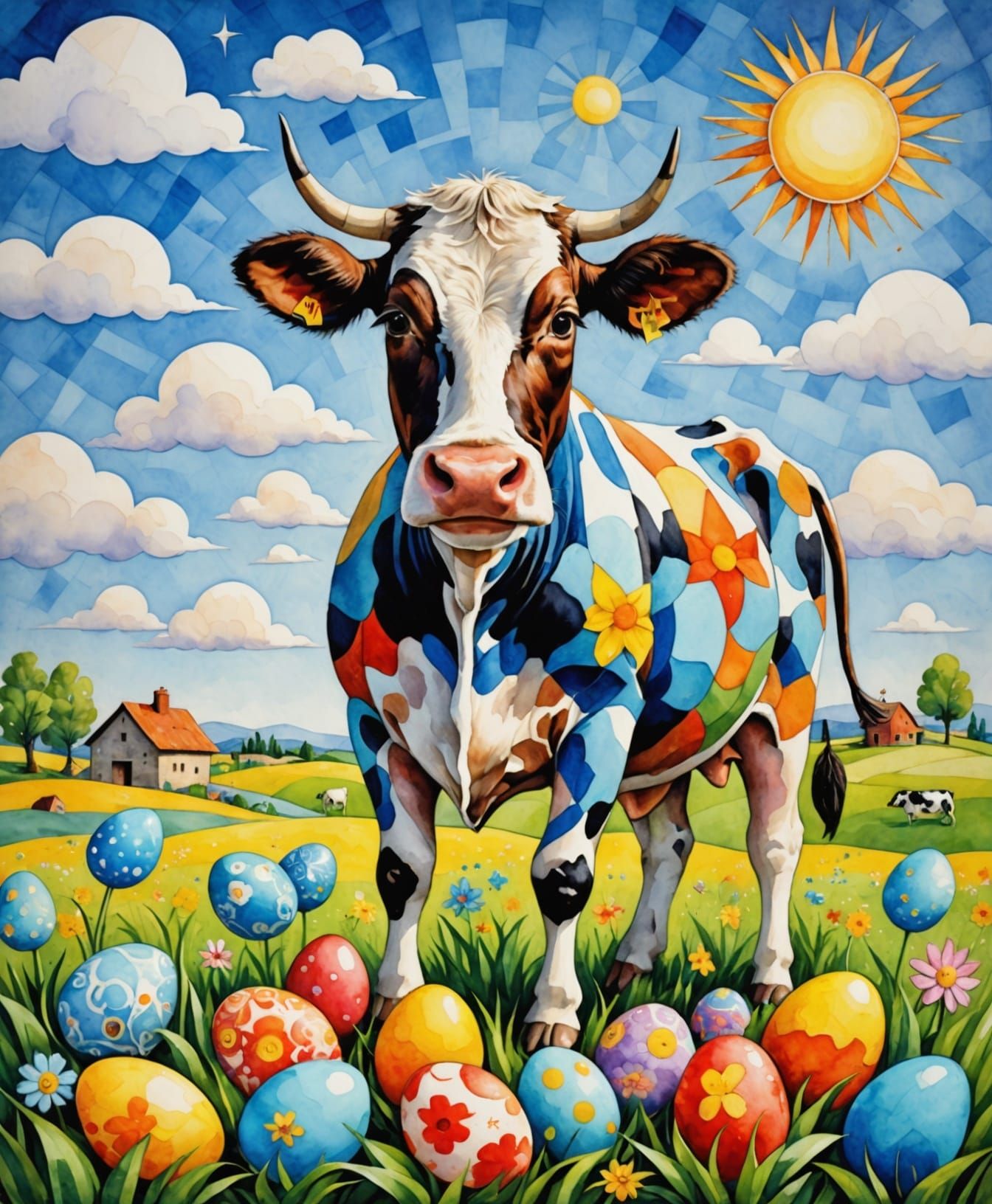 Vibrant Easter Cubism Artwork in Watercolor Style