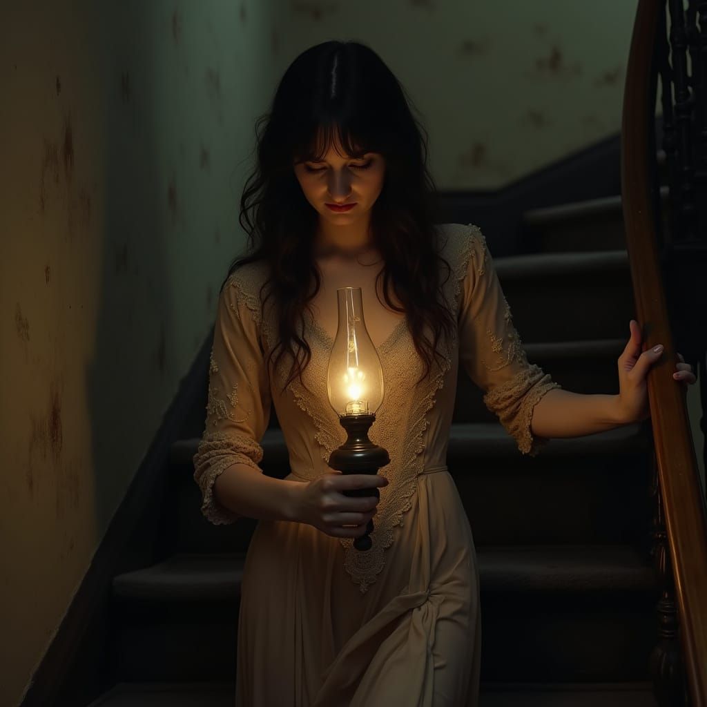 Woman Descends Staircase at Night with Oil Lamp