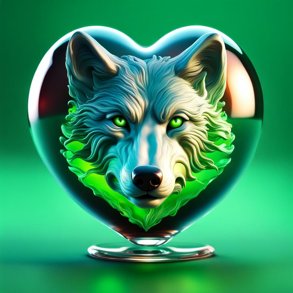 Hyperrealistic Heart Glass with Floating Wolf Orbs