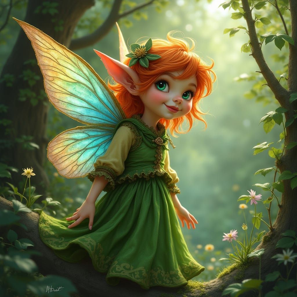 Mischievous Pixie with Iridescent Wings in Emerald Forest
