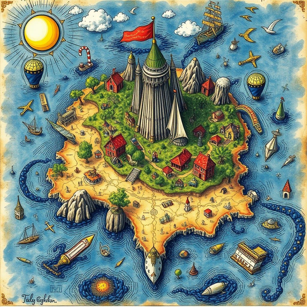 Enigmatic Treasure Island Map in Psychedelic Impasto Style
