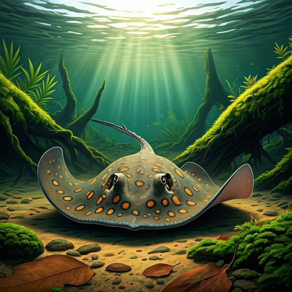 River Stingray in a Tropical Aquatic Scene with Lush Vegetat...