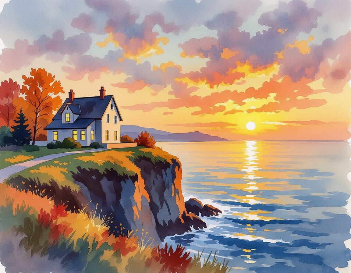 Autumn Coastal House Overlooking Sea in Watercolor Style