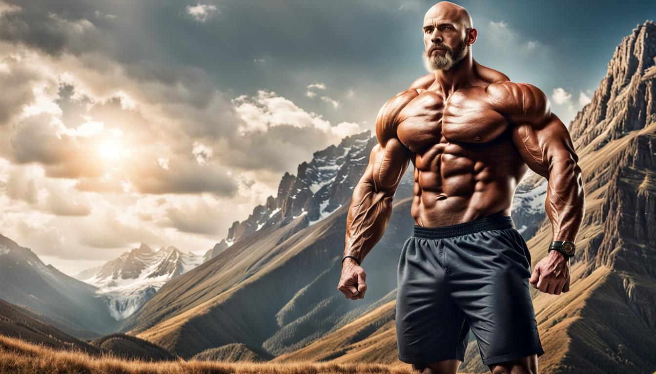 Muscular Bald Hero with Hairy Chest in Landscape