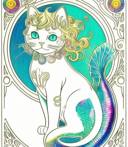 Realistic Cat Mermaid Coloring Page in Art Nouveau Style