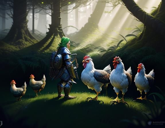 Gnome with Hen in Lush Forest, 3D Cinematic
