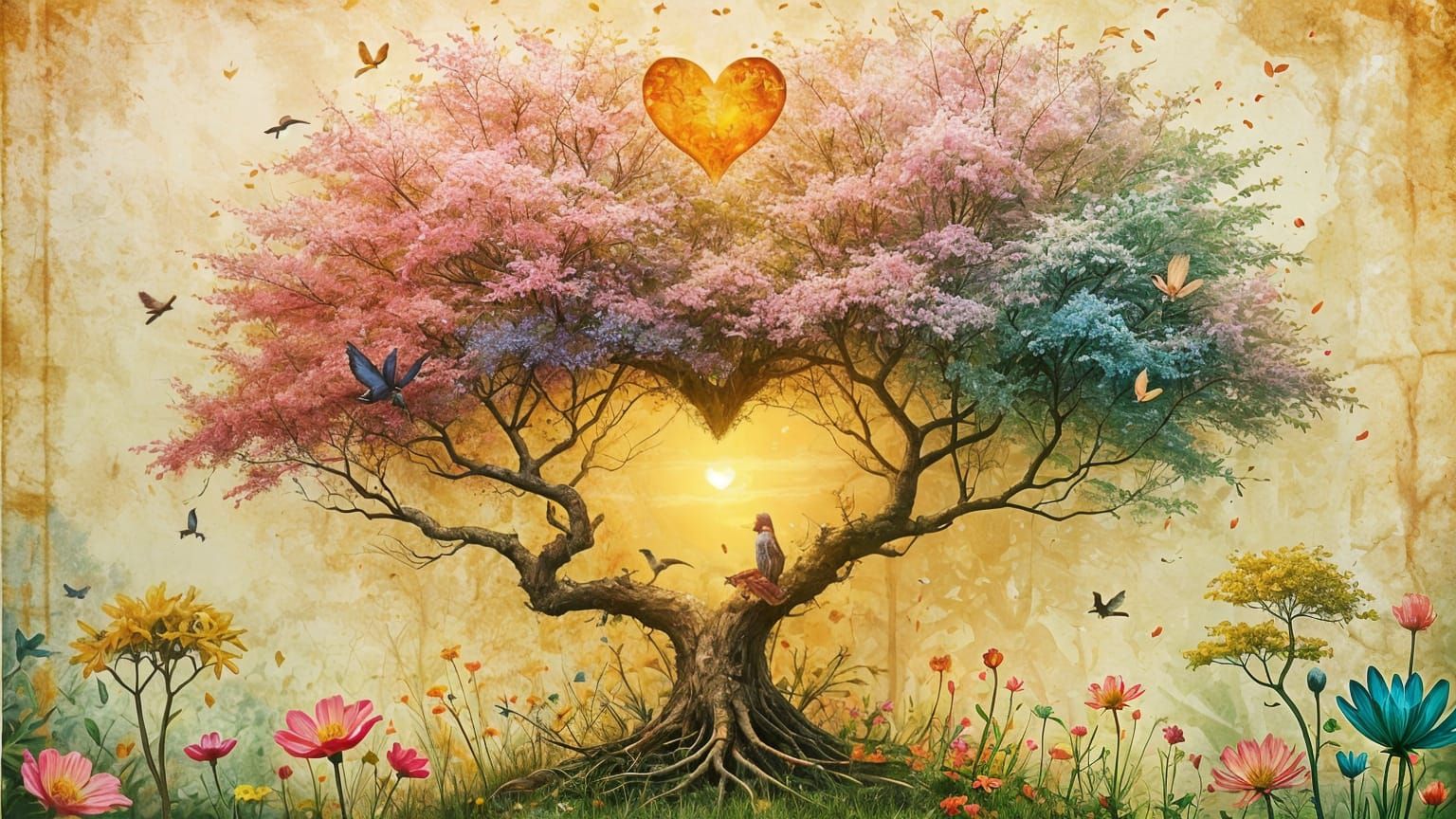 Golden Heart Tree in Vibrant Floral Wonderland