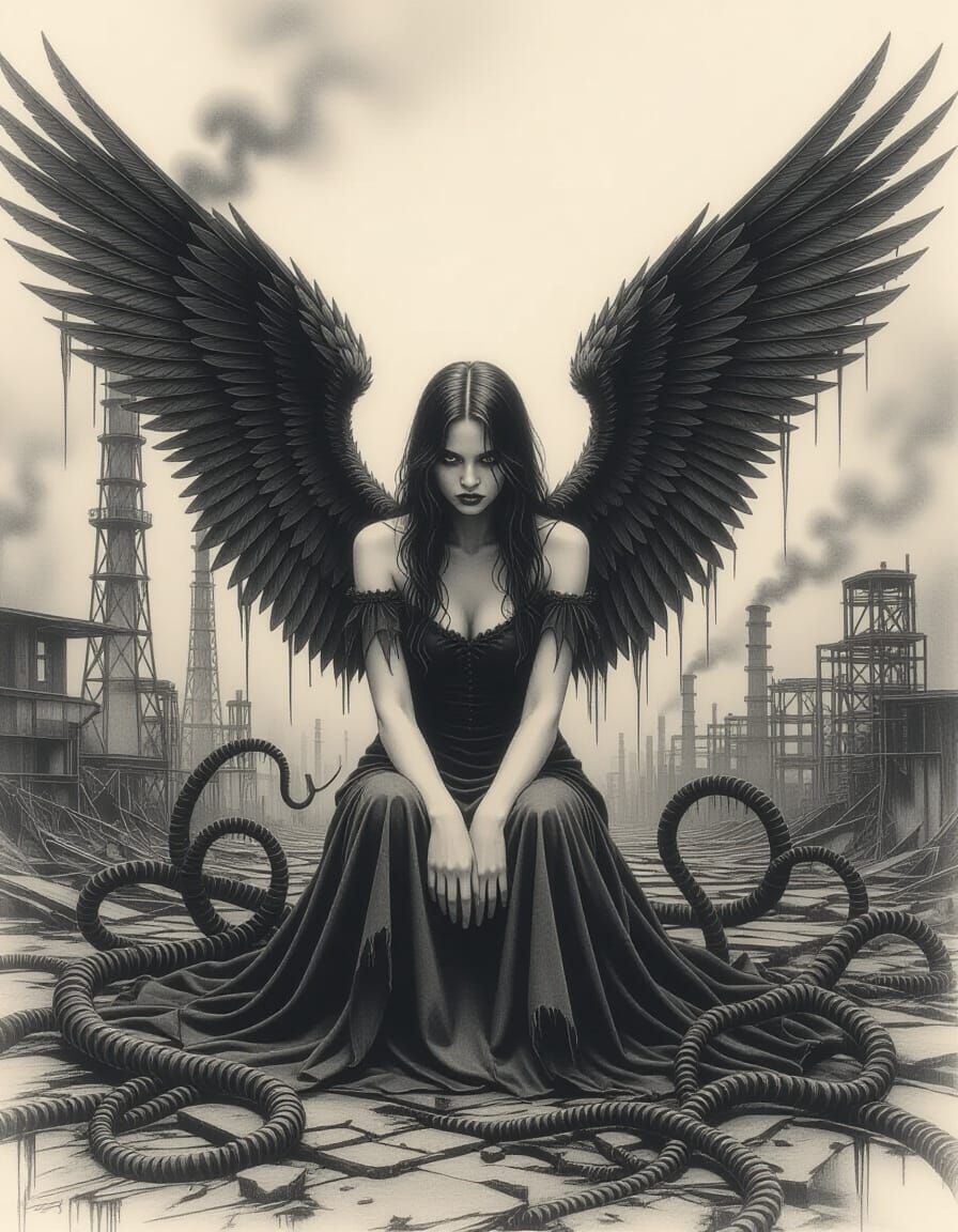 Charcoal Drawing: Twisted Angels in Chernobyl