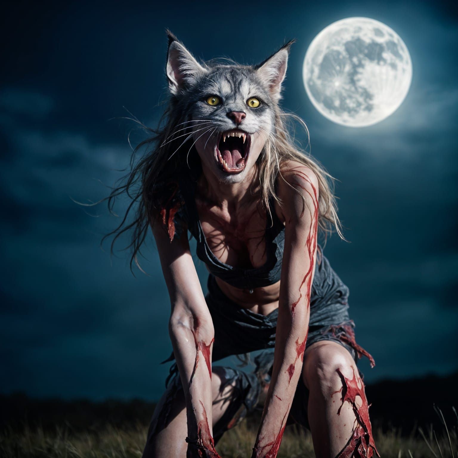 Werecat Transformation Under Full Moon in B-Horror Style